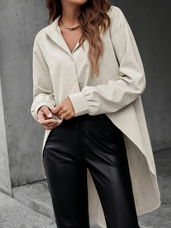 Elegant Asymmetrical Back Bowknot Detail Solid Color Shirt for Adults - Polyester Woven Button-Down Collar Shirt for All Seasons