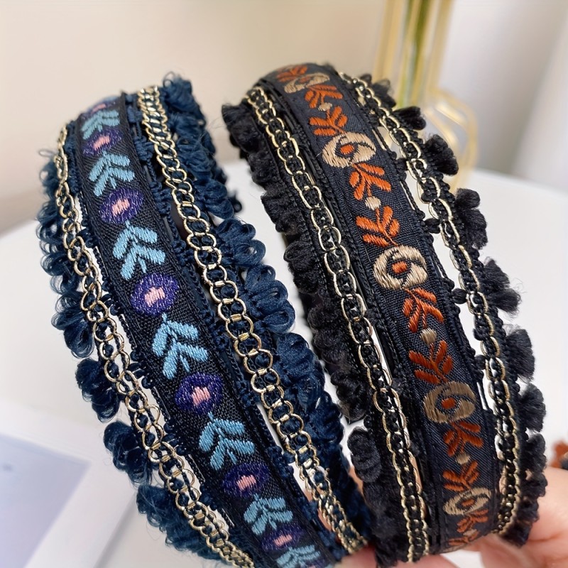 Bohemian Embroidered Headbands, Wide Hair Hoops, Vintage Style Elegant Hair Accessories, Versatile Women's Hairbands for Outgoing