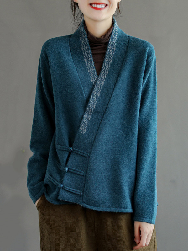 Vintage Solid Color Embroidered Wool Blend Cardigan Top