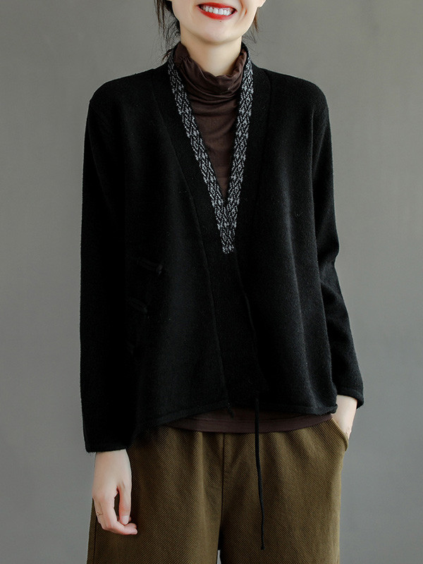 Vintage Solid Color Embroidered Wool Blend Cardigan Top