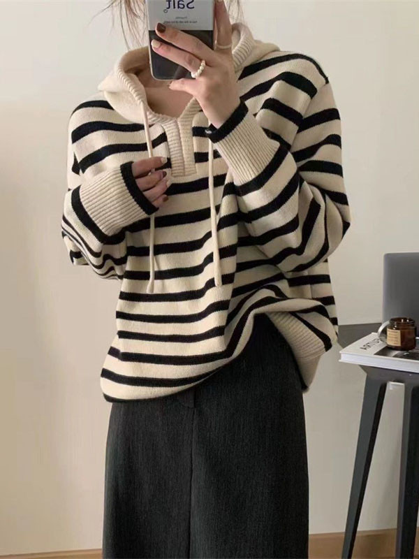 Hooded Long Sleeves Contrast Color Drawstring Velvet V-Neck Pullovers Sweater Tops