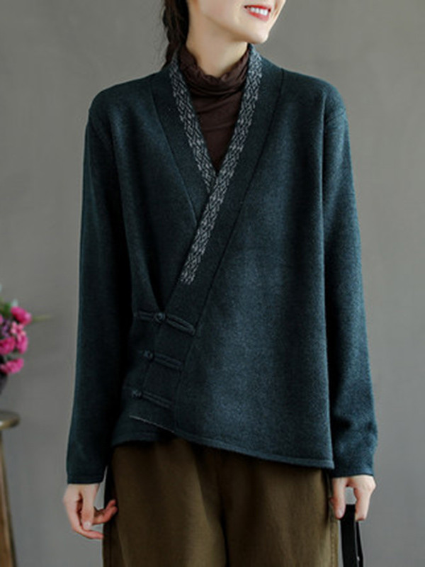 Vintage Solid Color Embroidered Wool Blend Cardigan Top