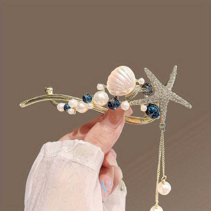 1 Piece Ocean Series Rhinestone Starfish Shell Banana Hair Clip with Artificial Pearl - Sweet Ponytail Holder for Women