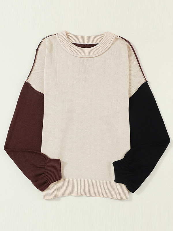 Long Sleeves Loose Contrast Color Split-Joint Round-Neck Pullovers Sweater Tops
