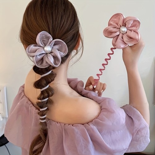 Elegant Floral Spiral Hair Tie - Vintage-Inspired Fabric Ponytail Holder with Faux Pearl Accent, Chic Hair Accessory for Women and Girls