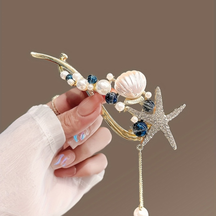 1 Piece Ocean Series Rhinestone Starfish Shell Banana Hair Clip with Artificial Pearl - Sweet Ponytail Holder for Women
