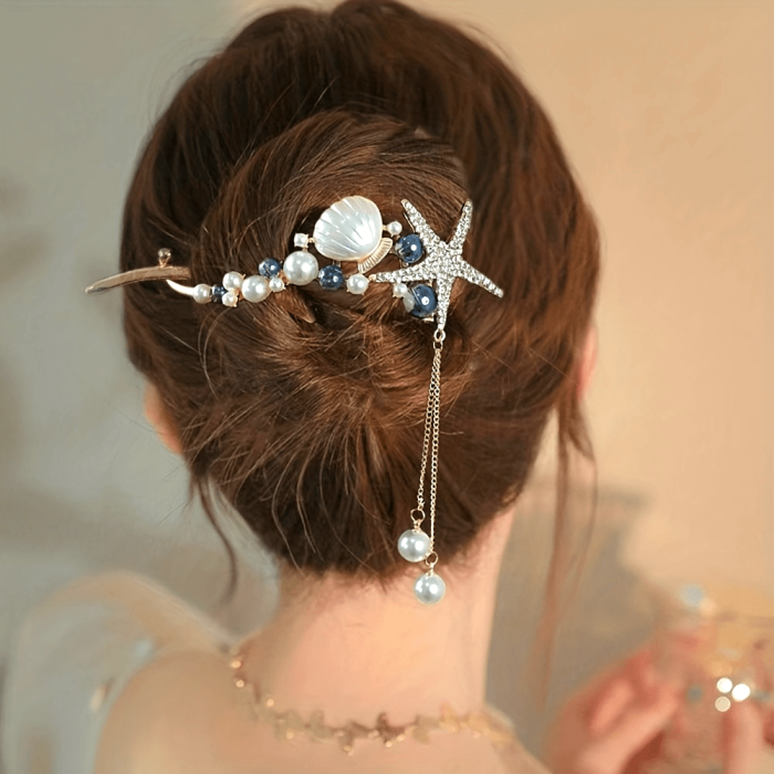 1 Piece Ocean Series Rhinestone Starfish Shell Banana Hair Clip with Artificial Pearl - Sweet Ponytail Holder for Women