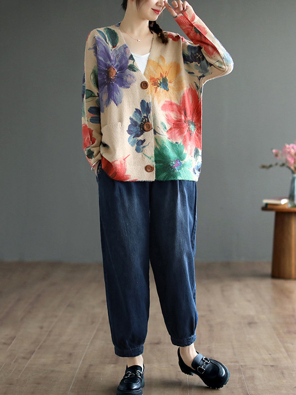 Vintage Long Sleeves Loose Buttoned Floral Printed Contrast Color V-Neck Cardigan Tops