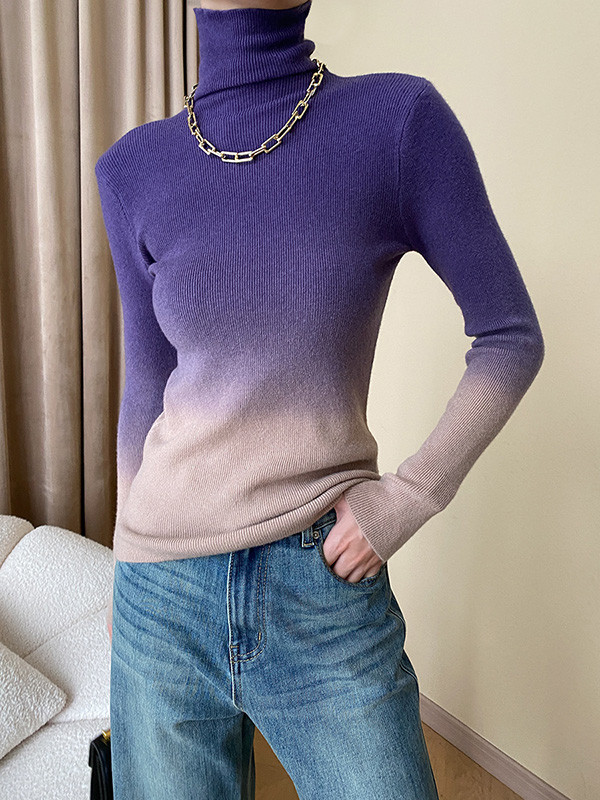 Long Sleeves Skinny Gradient High-Neck Pullovers Sweater Tops