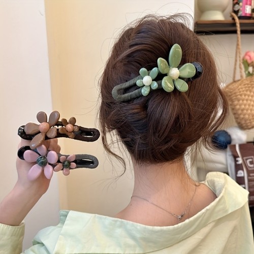 Vintage Elegant Acrylic Flower Hair Clips - 1\u002F3 Piece Set, Aged 14+, Floral Duckbill Grip Clip for Updo, Shark Clip Hair Accessories for Valentine's Day