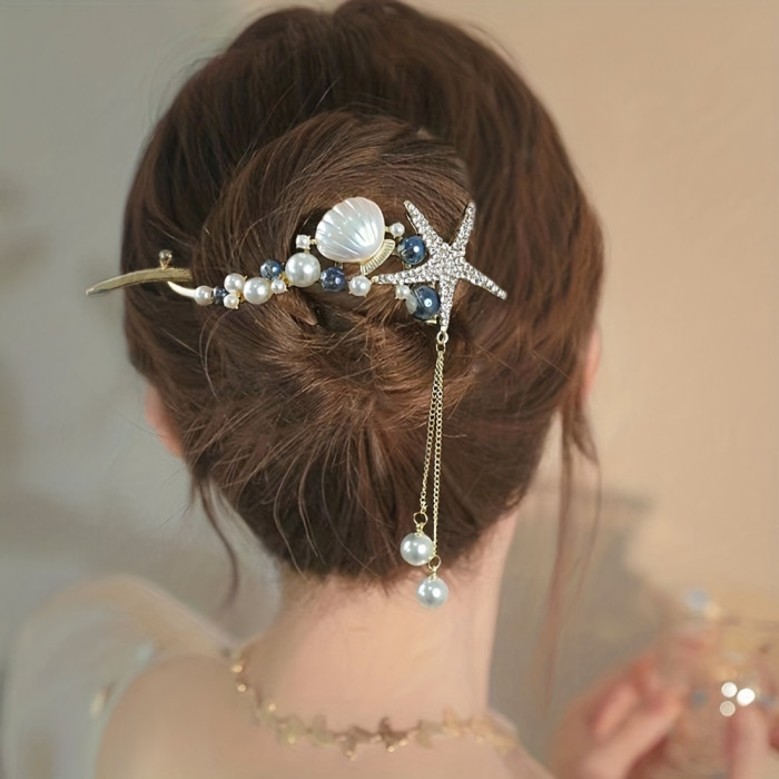 1 Piece Ocean Series Rhinestone Starfish Shell Banana Hair Clip with Artificial Pearl - Sweet Ponytail Holder for Women