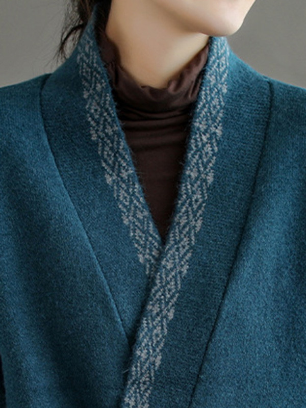 Vintage Solid Color Embroidered Wool Blend Cardigan Top