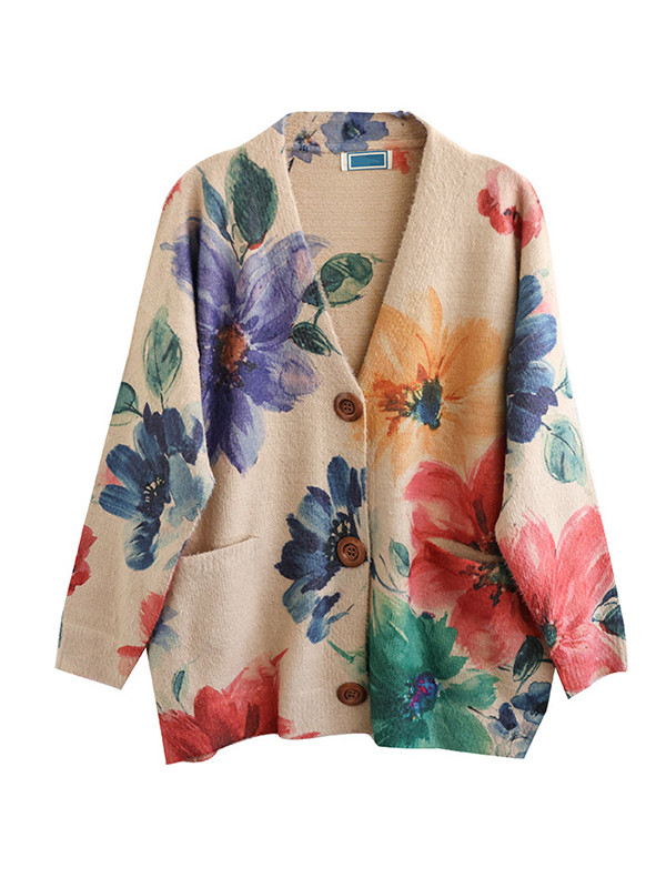 Vintage Long Sleeves Loose Buttoned Floral Printed Contrast Color V-Neck Cardigan Tops