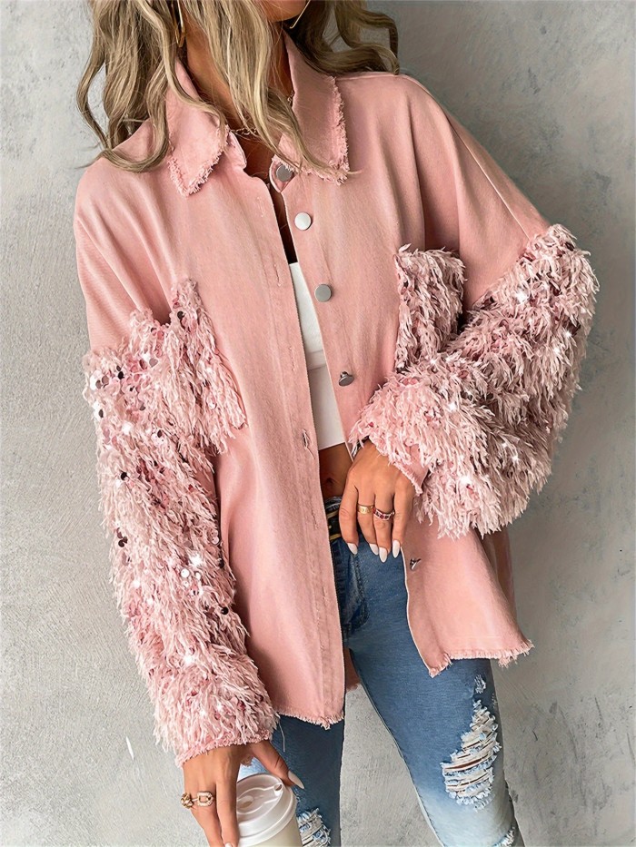 Pink Casual Sequin Patchwork Jacket