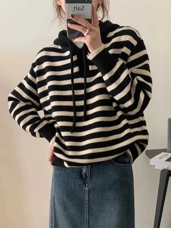 Hooded Long Sleeves Contrast Color Drawstring Velvet V-Neck Pullovers Sweater Tops