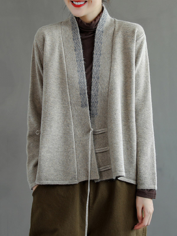 Vintage Solid Color Embroidered Wool Blend Cardigan Top