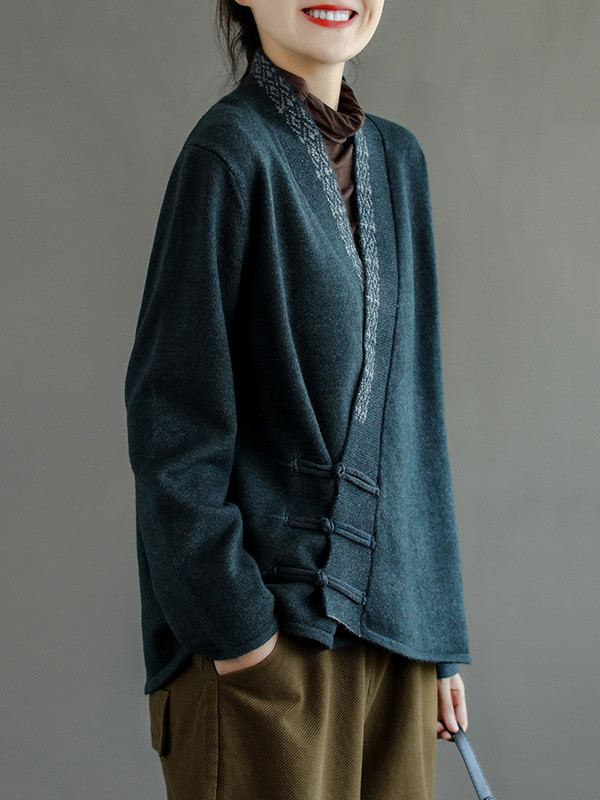 Vintage Solid Color Embroidered Wool Blend Cardigan Top