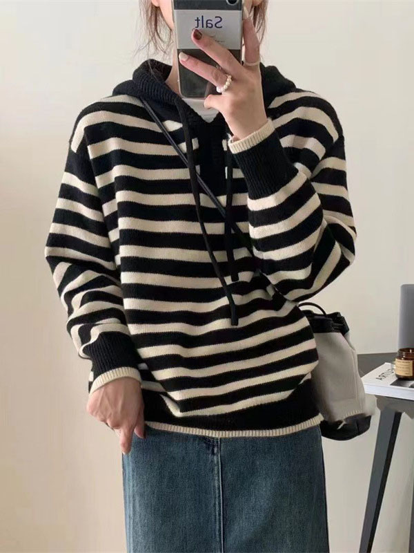 Hooded Long Sleeves Contrast Color Drawstring Velvet V-Neck Pullovers Sweater Tops