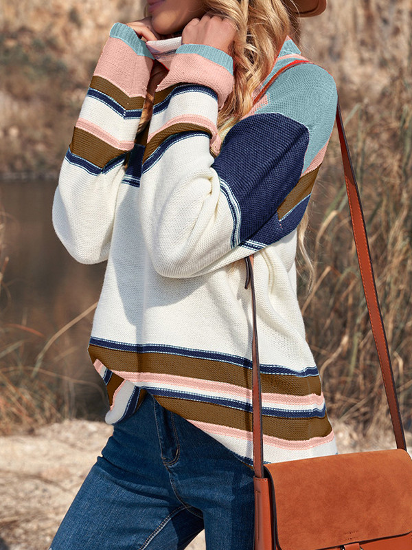 Long Sleeves Loose Split-Joint Split-Side Striped High Neck Pullovers Sweater Tops