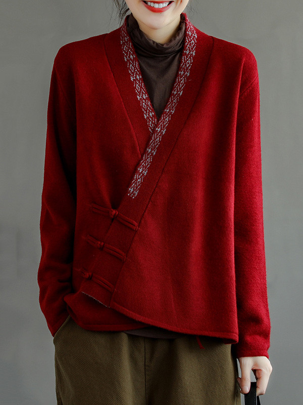 Vintage Solid Color Embroidered Wool Blend Cardigan Top