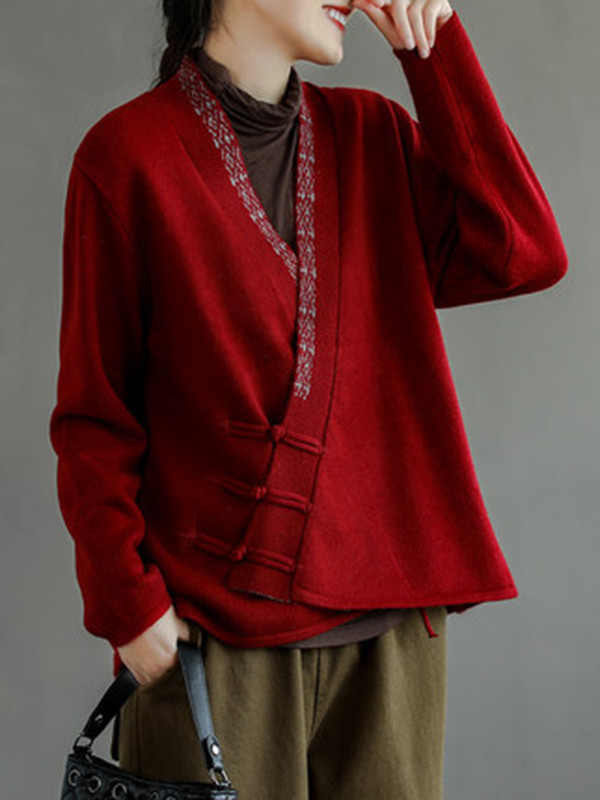 Vintage Solid Color Embroidered Wool Blend Cardigan Top