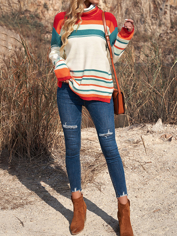 Long Sleeves Loose Split-Joint Split-Side Striped High Neck Pullovers Sweater Tops