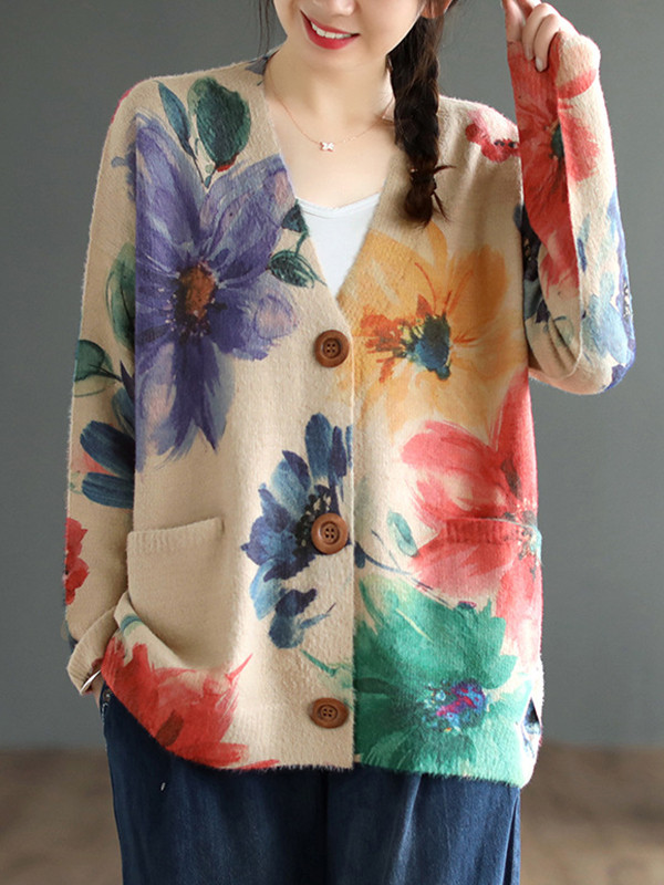 Vintage Long Sleeves Loose Buttoned Floral Printed Contrast Color V-Neck Cardigan Tops