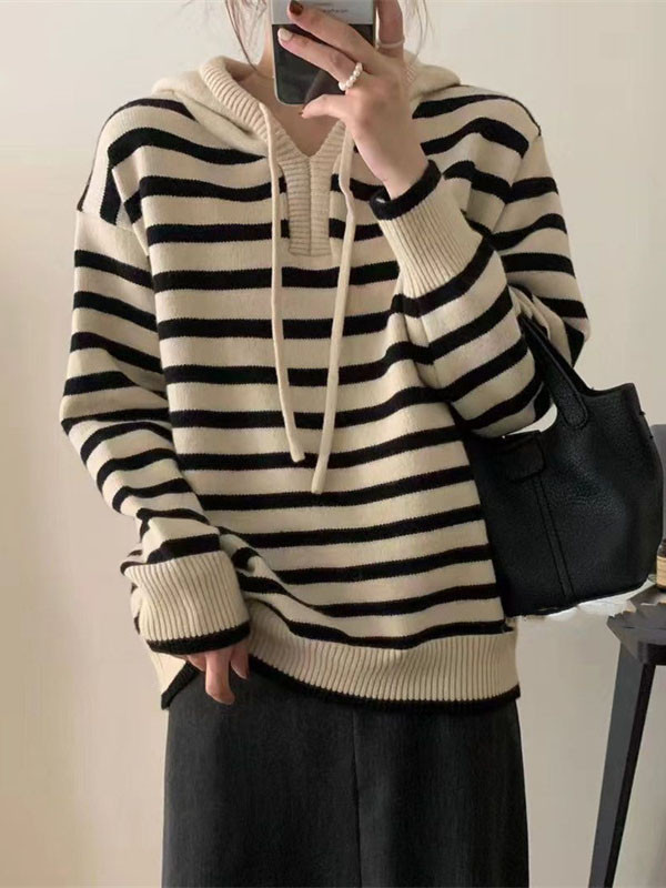 Hooded Long Sleeves Contrast Color Drawstring Velvet V-Neck Pullovers Sweater Tops