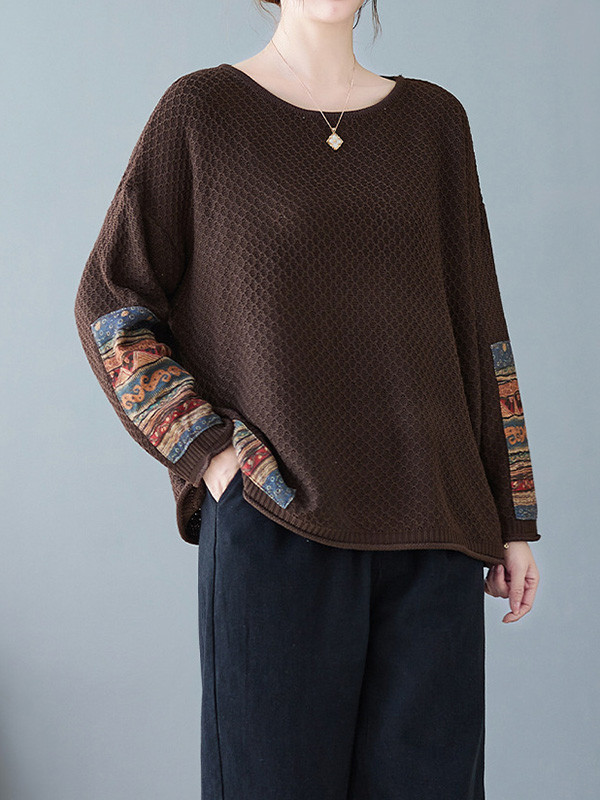 Long Sleeves Loose Printed Split-Joint Round-Neck Pullovers Sweater Tops