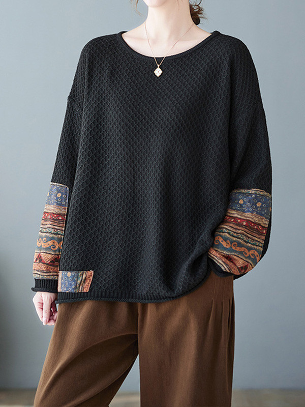 Long Sleeves Loose Printed Split-Joint Round-Neck Pullovers Sweater Tops