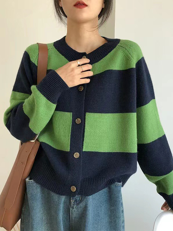 Casual Buttoned Contrast Color Striped Cardigan Tops