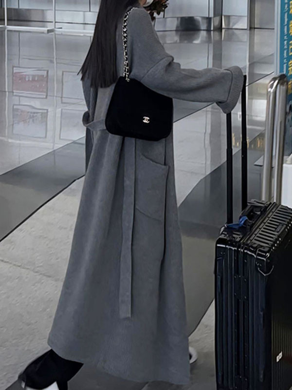 Long Sleeves Loose Pockets Solid Color Tied Waist Notched Collar Cardigan Coats