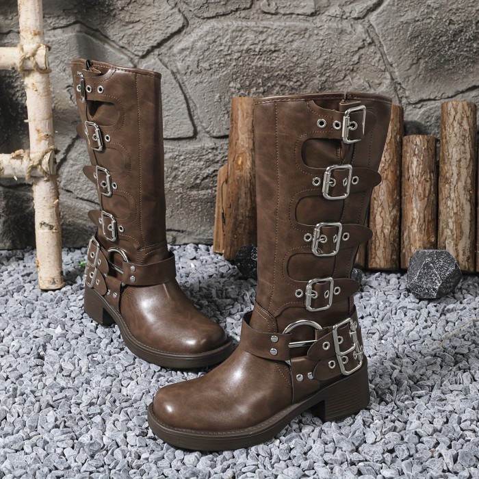 Chic Women's Mid-Calf Boots with Buckle Detail - Comfortable & Stylish, Faux Cover, Slip-On Design, Chunky Heel, Round Toe, Non-Slip Sole, Perfect for Outdoor Wear