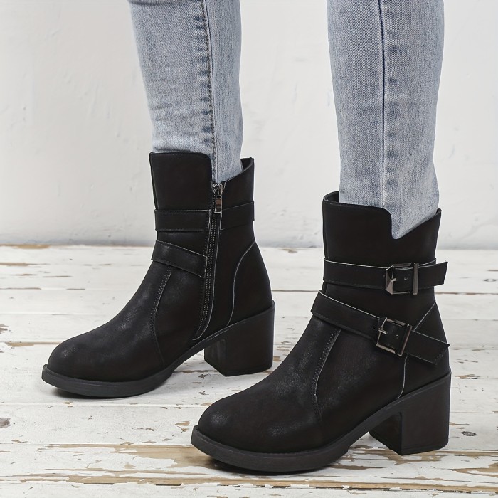 Stylish Chunky Heel Ankle Boots - Ankle & Bootie - Fashionable Side Zipper, Solid Color, Short Length, Comfortable Walking Boots for Women