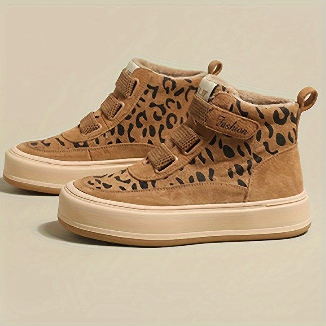 Women's Fashion Ankle Boots - Casual Leopard Print, Hook-and-loop Fastener Closure, Thick Sole, Faux Cover & Fabric Lining
