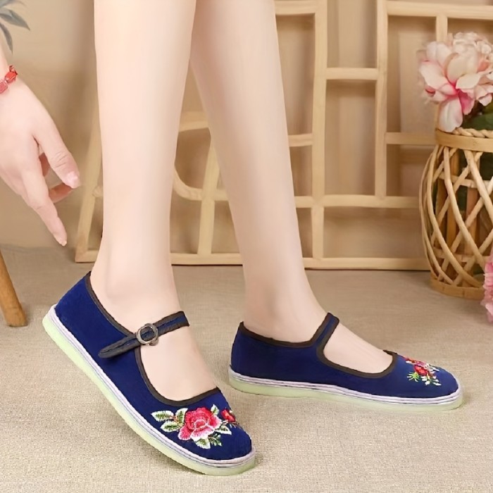 Floral Embroidered Flats - Comfy Everyday Wear with Secure Ankle Strap - Lightweight & Various Colors