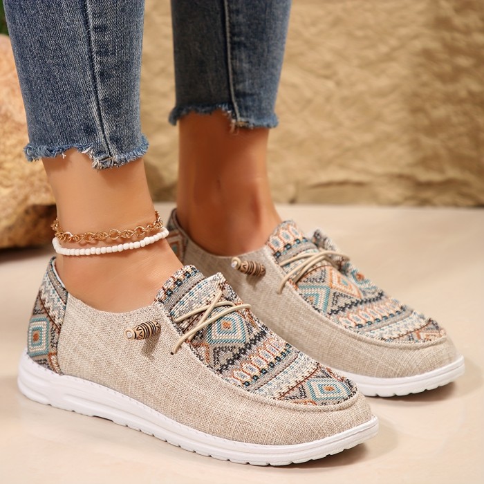 Womens Ethnic Charm Sneakers - Vibrant Prints, Comfortable Lace-Up, Lightweight for Outdoor Fun, Low-Top Canvas Style