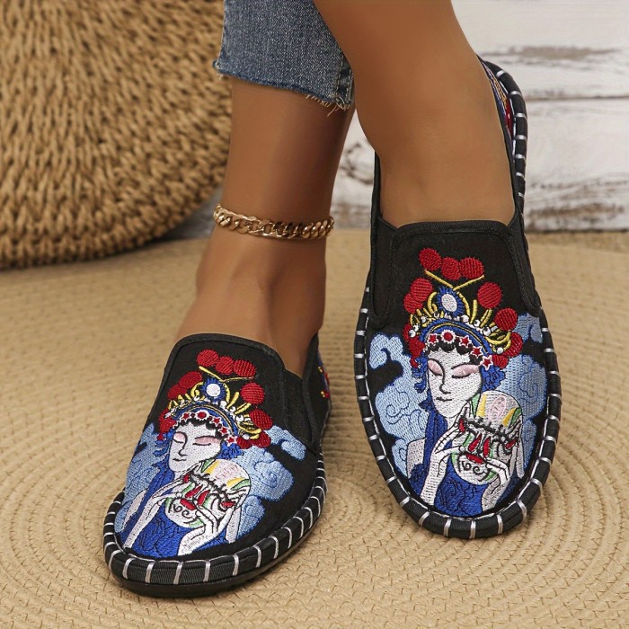 Breathable & Stylish Women's Flats - Lightweight, Comfortable Slip-On with Peking Opera Embroidery, Casual Round Toe Striped Design