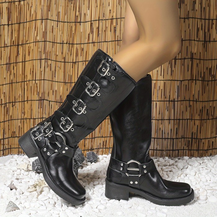 Chic Women's Mid-Calf Boots with Buckle Detail - Comfortable & Stylish, Faux Cover, Slip-On Design, Chunky Heel, Round Toe, Non-Slip Sole, Perfect for Outdoor Wear