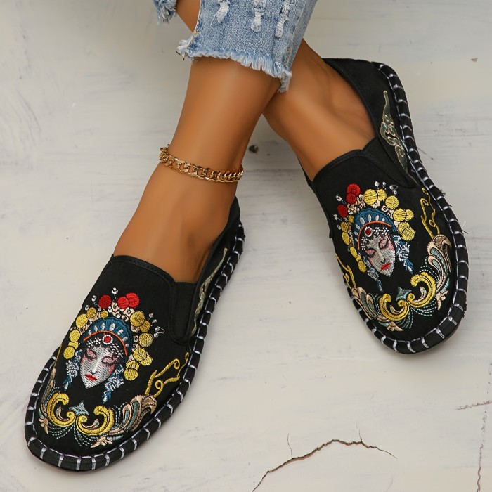 Breathable & Stylish Women's Flats - Lightweight, Comfortable Slip-On with Peking Opera Embroidery, Casual Round Toe Striped Design