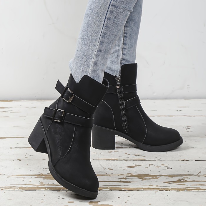Stylish Chunky Heel Ankle Boots - Ankle & Bootie - Fashionable Side Zipper, Solid Color, Short Length, Comfortable Walking Boots for Women