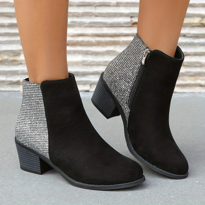 Chic All-Season Rhinestone Ankle Boots with Round Toe – Comfortable Platform, Block Heels, Zipper Closure