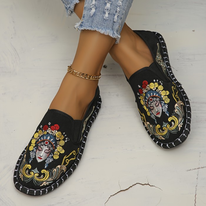 Breathable & Stylish Women's Flats - Lightweight, Comfortable Slip-On with Peking Opera Embroidery, Casual Round Toe Striped Design