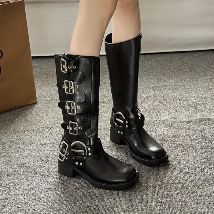 Chic Women's Mid-Calf Motorcycle Boots - Retro British Style with Square Toe, Buckle Detail & Chunky Heel, Slip-Resistant Faux Cover