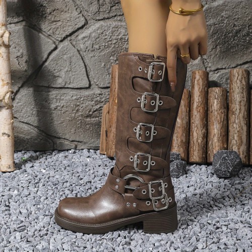 Chic Women's Mid-Calf Boots with Buckle Detail - Comfortable & Stylish, Faux Cover, Slip-On Design, Chunky Heel, Round Toe, Non-Slip Sole, Perfect for Outdoor Wear