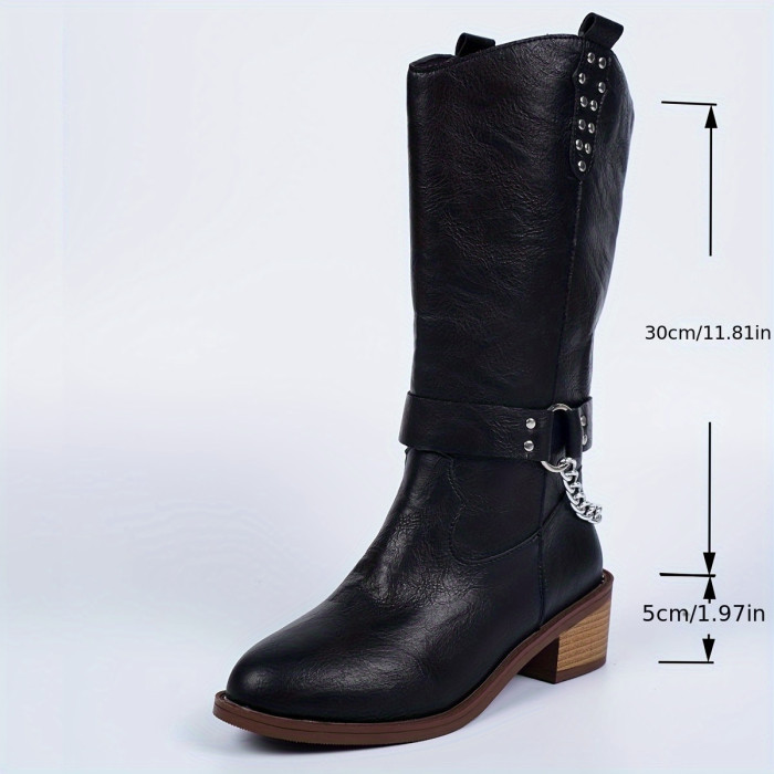 Chic Women's Mid-Calf Boots - Fashionable Slip-On Western Style with Chunky Heel, Pointed Toe, and Comfortable Rubber Sole