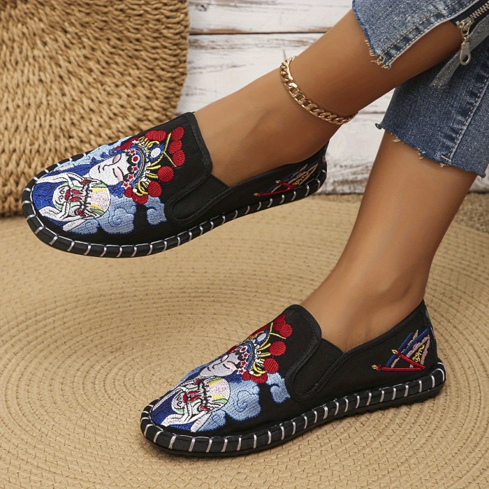 Breathable & Stylish Women's Flats - Lightweight, Comfortable Slip-On with Peking Opera Embroidery, Casual Round Toe Striped Design