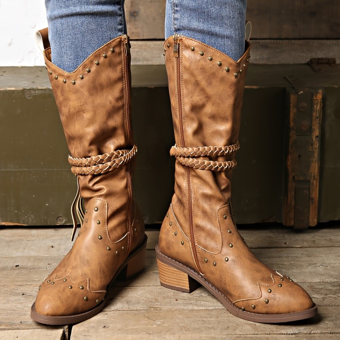 Brogue Pointed Toe Thick Heel Women'S Boots Retro Western Cowboy Boots Mid-Calf Boots Short Boots Women'S Spring And Autumn Single Boots