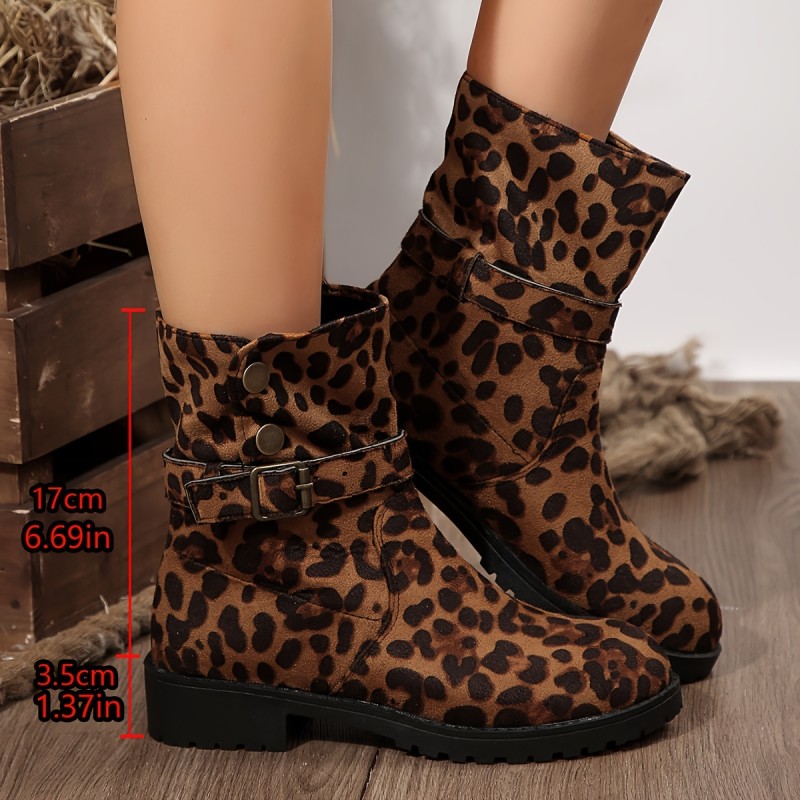 1pc Women's Fashion Ankle Boots - Leopard Print, Round Toe, Thick Heel with Buckle Detail, Fabric Upper & Lining, Rubber Sole, Medium Heel, Hand Wash\u002FDry Clean, for All Seasons, Stylish Footwear for Ladies