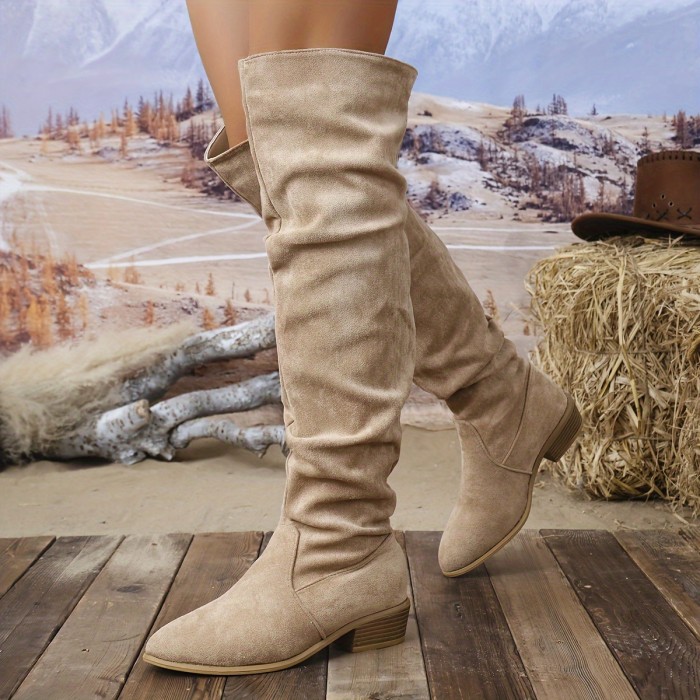 Elegant Slip-On Women's Boots - Chic Solid Color, Mid-Heel, Round Toe with Velvet Lining for All Seasons